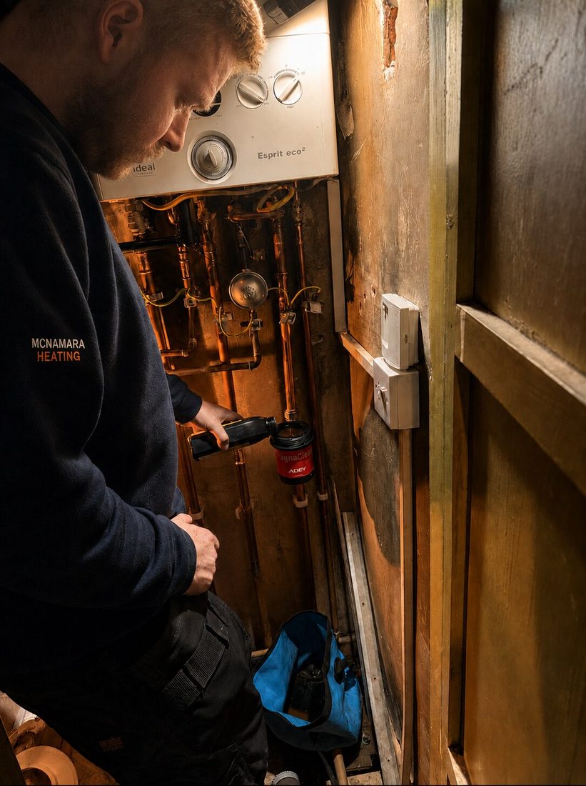 Stephen McNamara dosing a MagnaClean magnetic filter fitted to a heating system in Greater Manchester